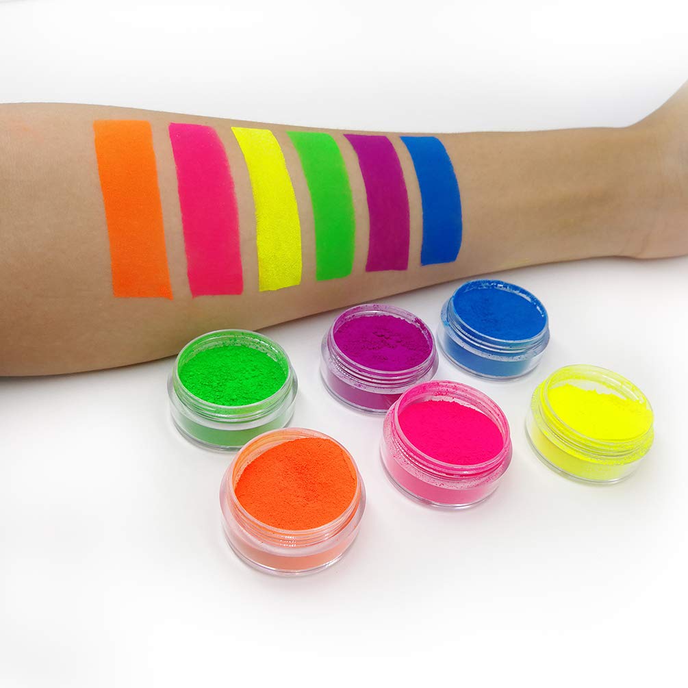 FindinBeauty Pigmento de neón en polvo de sombra de ojos reactivo UV que brilla en la luz negra, 6 colores verdaderos brillantes mezclados para