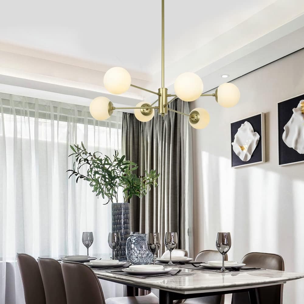 Candelabro de 6 luces doradas, lámpara moderna con pantalla de cristal de globo, lámpara de mediados de siglo para comedor, cocina y dormitorio