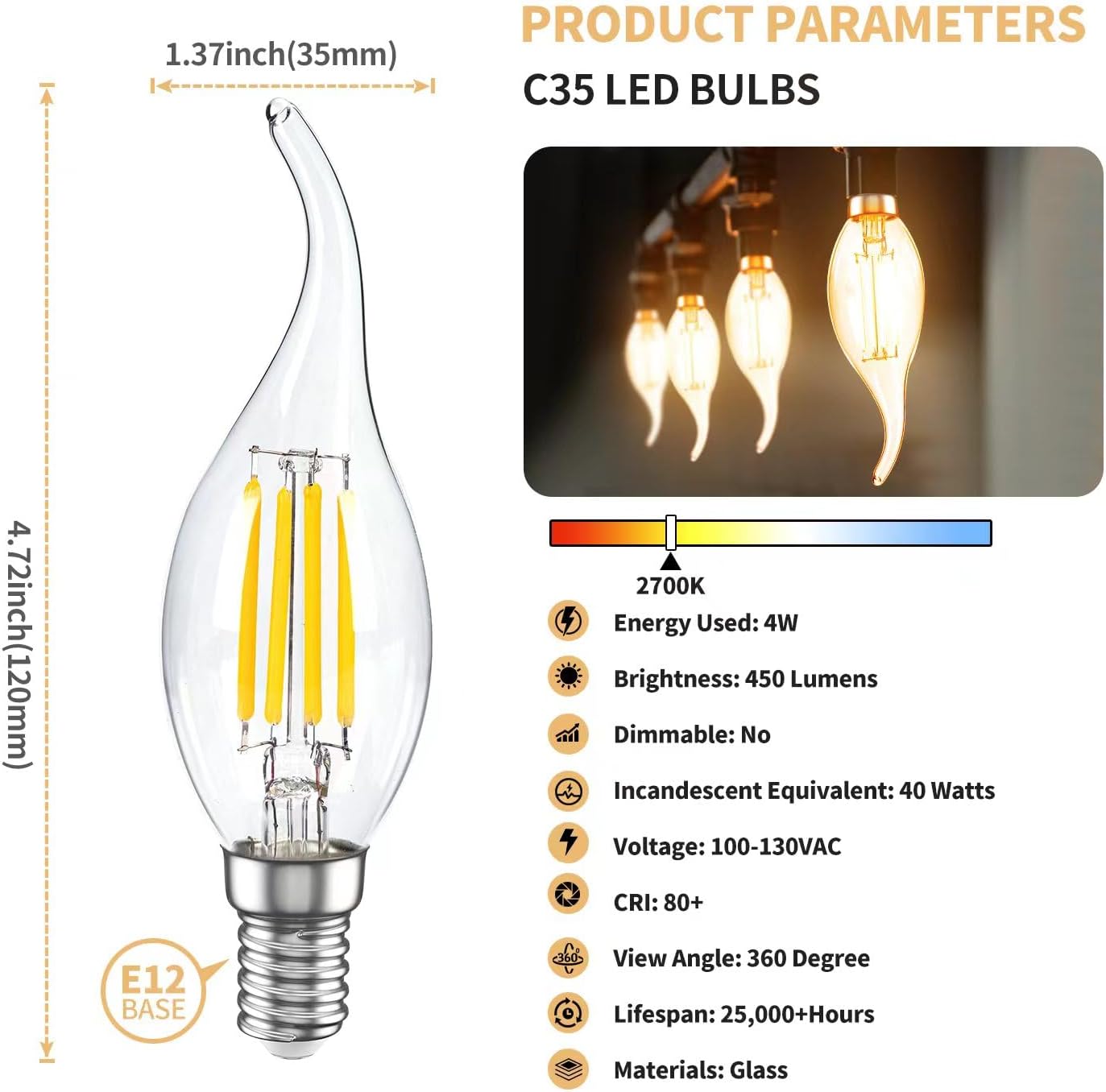 MEGAENERGY Bombilla LED E12 equivalente a 40 W, punta de llama, luz blanca cálida de 2700 K, no regulable, bombilla LED Edison vintage de 450