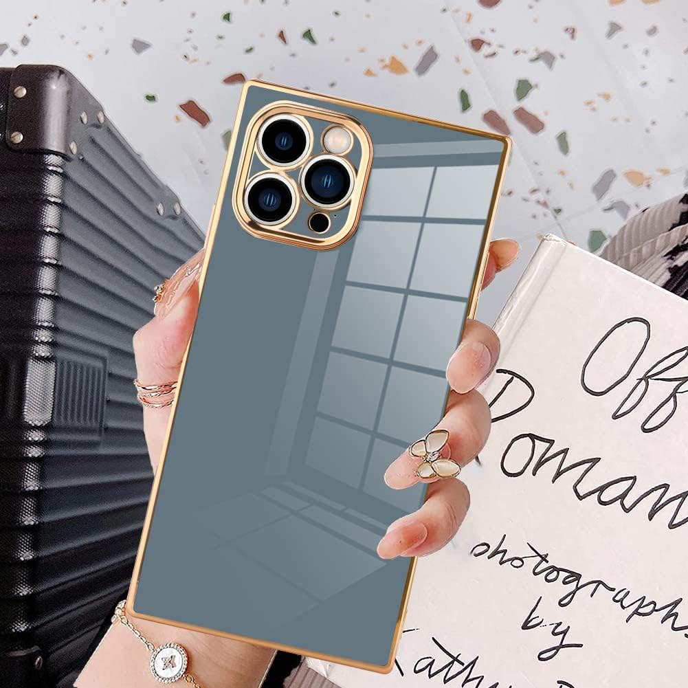 KANGHAR Funda cuadrada de lujo para iPhone 13 Pro – Parachoques de silicona de cuerpo completo galvanizado gris abuela con protección para lente de