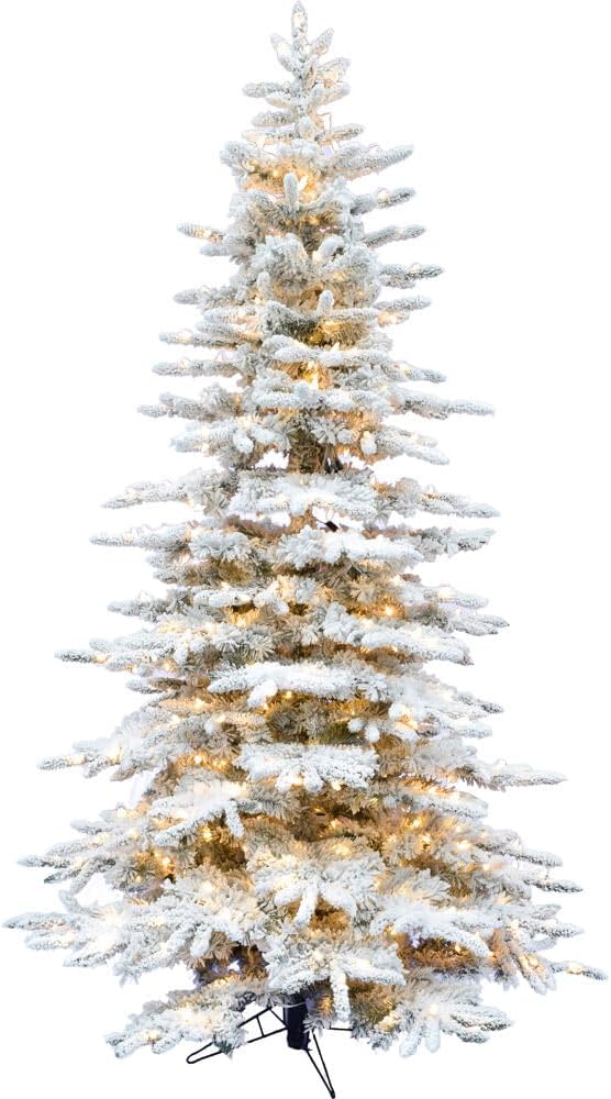 Fraser Hill Farm – Árbol de Navidad aterciopelado de 6.5 pies, previamente iluminado, pino de navidad nevado, luces LED transparentes, FFMP065-5SN
