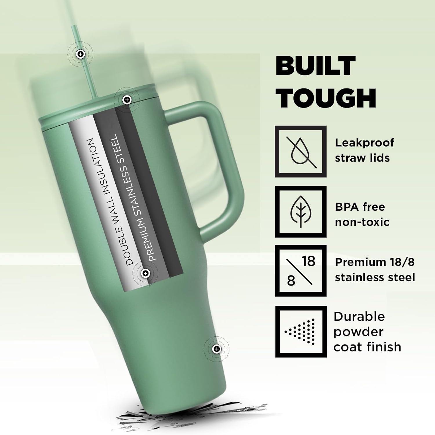 IRON FLASK Co-Pilot – Vaso aislado con popote y tapas abatibles, botella portavasos, para bebidas calientes y frías, a prueba de fugas, agua, taza