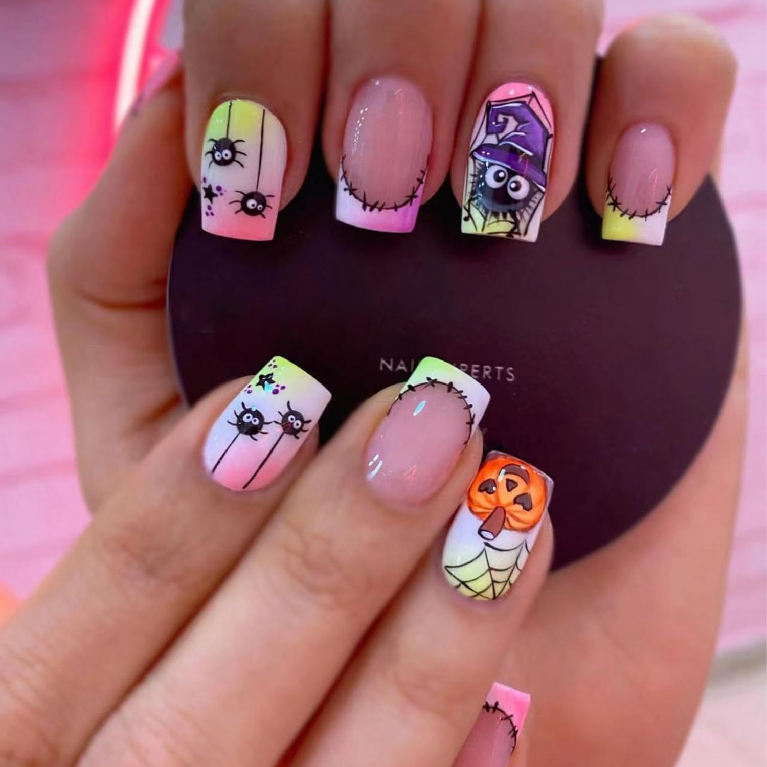 Uñas postizas a presión de Halloween, cuadradas, medianas, con diseños de telaraña, parches coloridos, punta francesa, uñas acrílicas, uñas