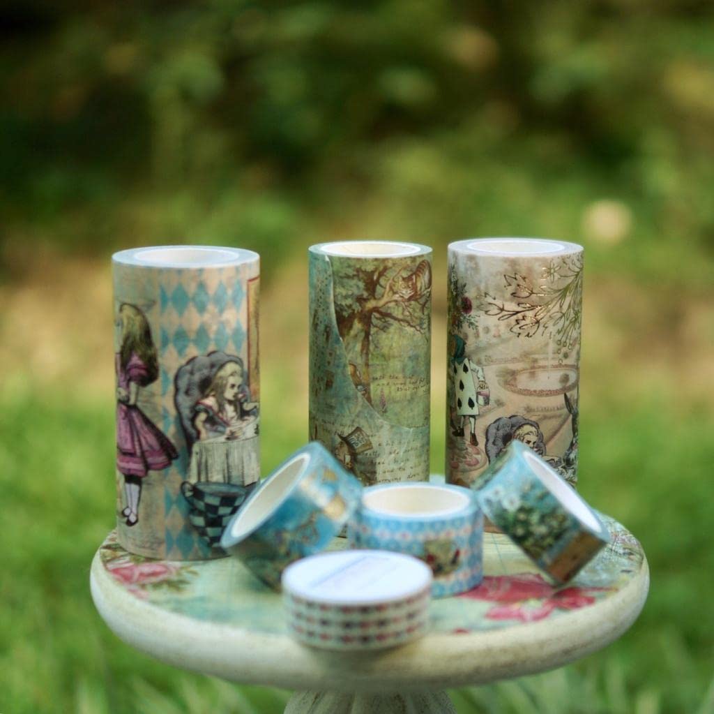 Serenity Fair Alicia en el país de las maravillas cinta washi de acuarela, rollo de cinta adhesiva reutilizable, suministros de manualidades