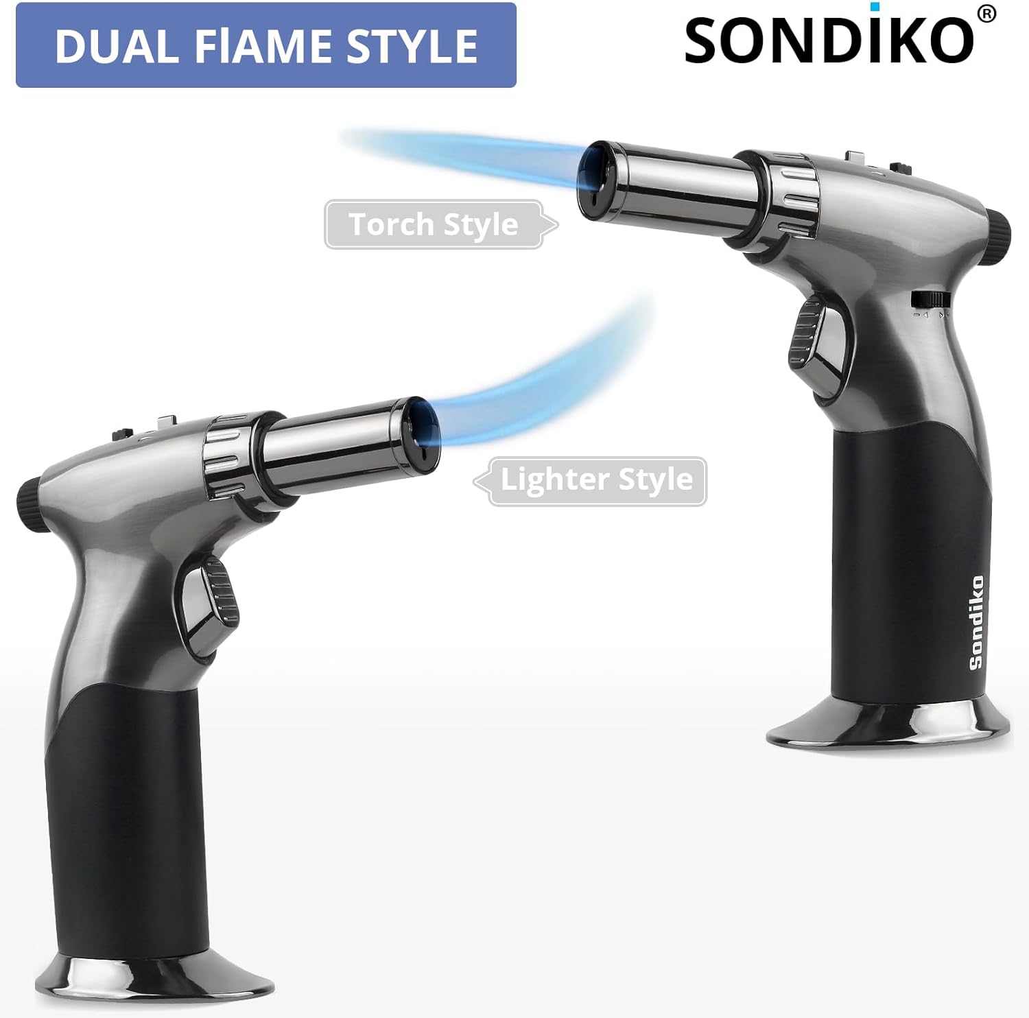Sondiko Potente soplete de butano de llama de estilo dual, encendedor de butano de tamaño de llama triple ajustable, soplete recargable con bloqueo