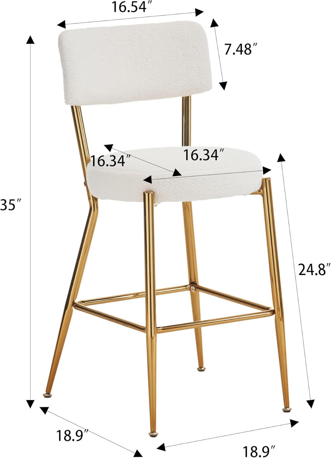 Polibi Juego de 2 sillas de bar tapizadas de tela de peluche beige moderna con patas de metal dorado y reposapiés, 2 piezas de taburete alto con