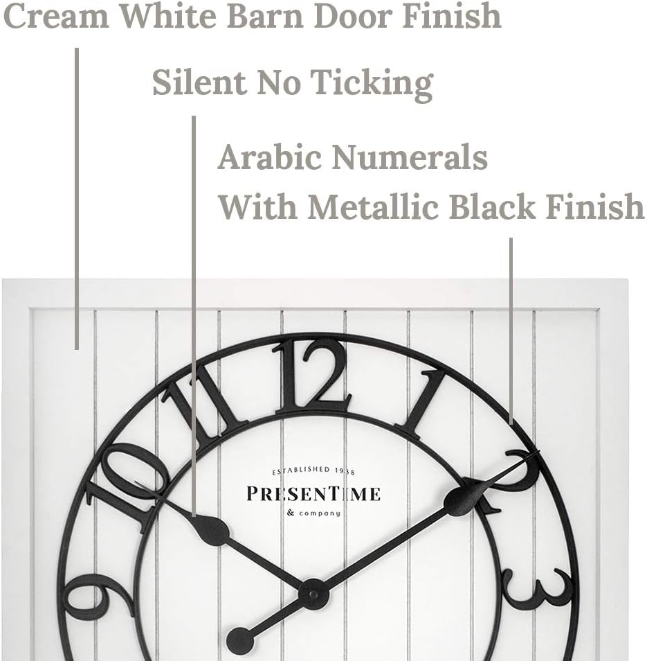 Presentime & Co – Reloj cuadrado de madera con puerta de granero Shiplap de 21 pulgadas, color blanco, número arábigo. Decoración del