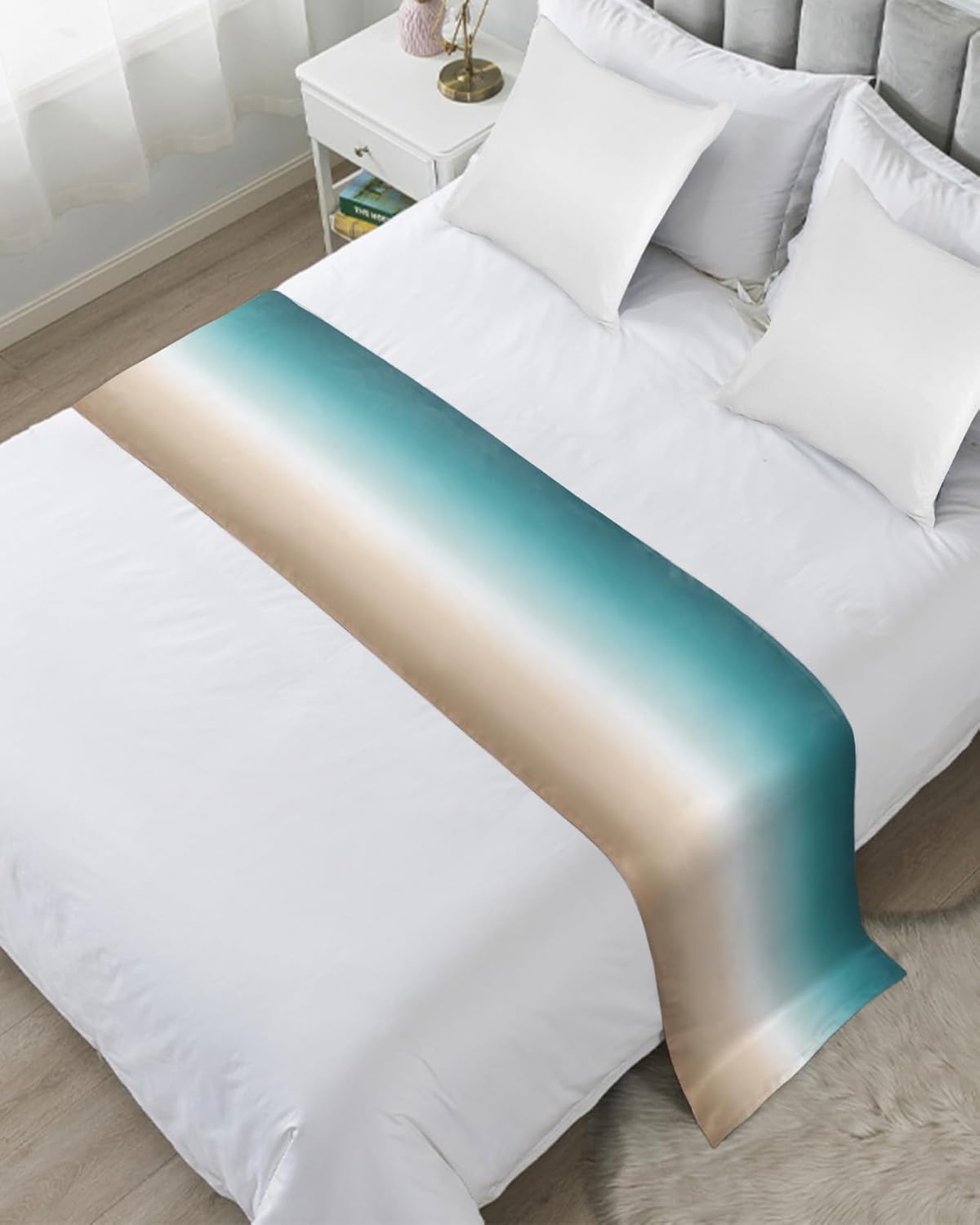 Smile Sunflower Bed Runner Scarf Teal Green Khaki Gradient Bedding Scarf Decorative Bed Runners Cover for Home Bedroom Hotel Wedding Room Bed Scarf