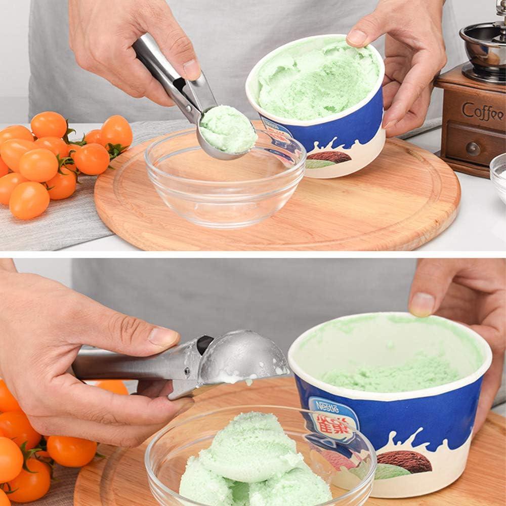 Juego de 2 cucharadas de helado con gatillo de acero inoxidable multifunción para helado y fruta