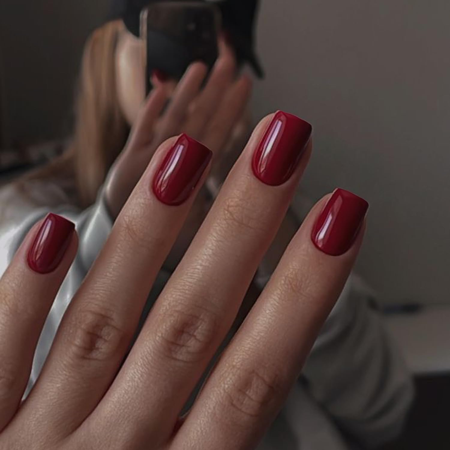 Uñas postizas cortas a presión, color rojo vino, uñas postizas cortas cuadradas a presión, uñas acrílicas, uñas adhesivas para mujeres, uñas