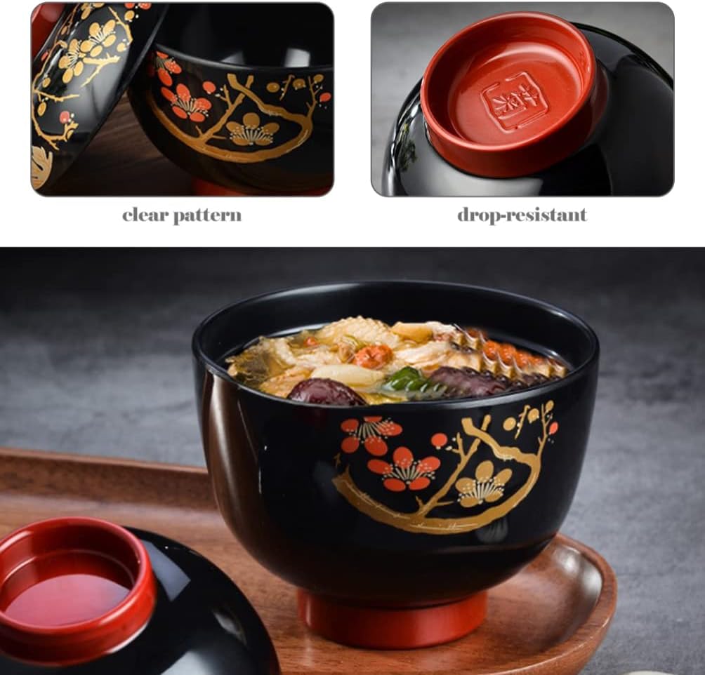 Hemoton Cuenco de sopa de cebolla francesa Cuenco de sopa de miso con tapa, cuenco de fideos de melamina japonesa, cuenco de arroz, cuenco de postre