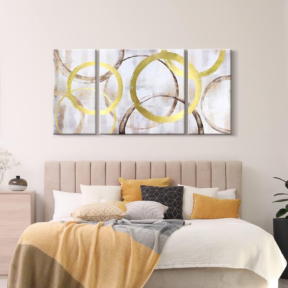 Pi Art Arte abstracto contemporáneo para pared, lámina de oro, círculos entrelazados, grande, decoración de pared estirada en madera