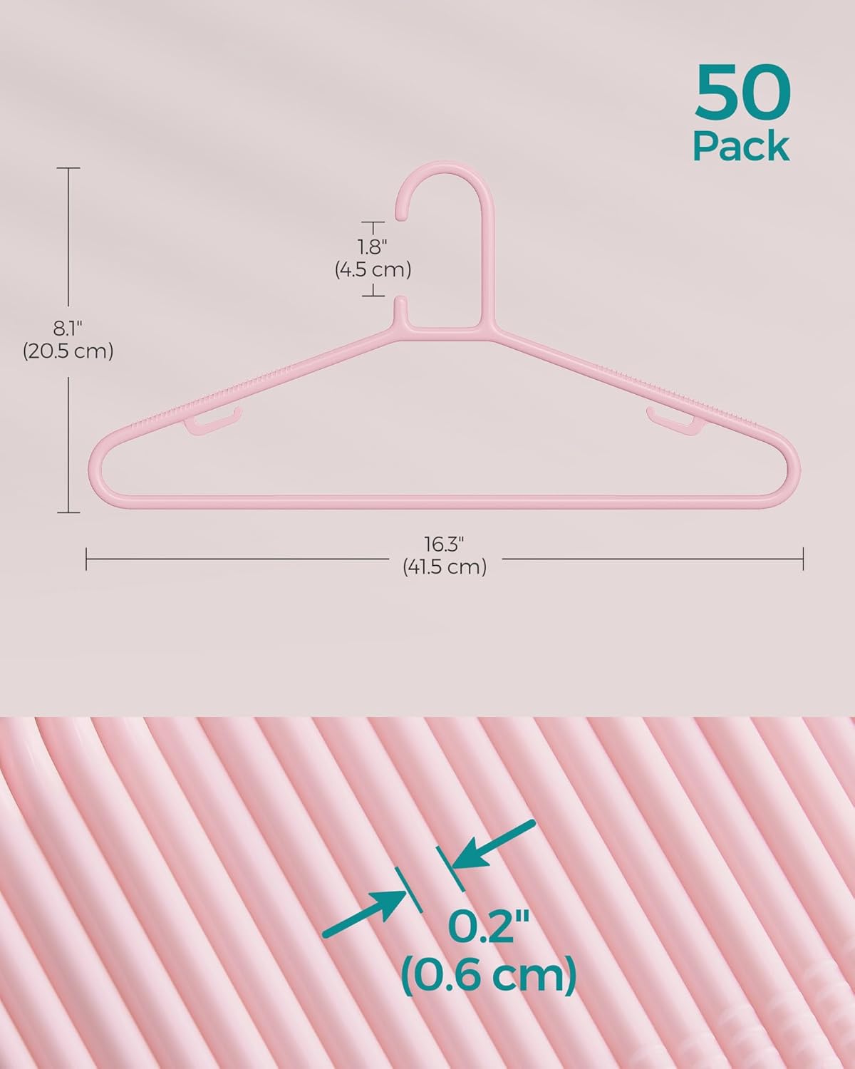 SONGMICS Perchas de plástico, paquete de 50 perchas de ropa que ahorran espacio, perchas ligeras, para pantalones, abrigos, vestidos, rosa gelatina