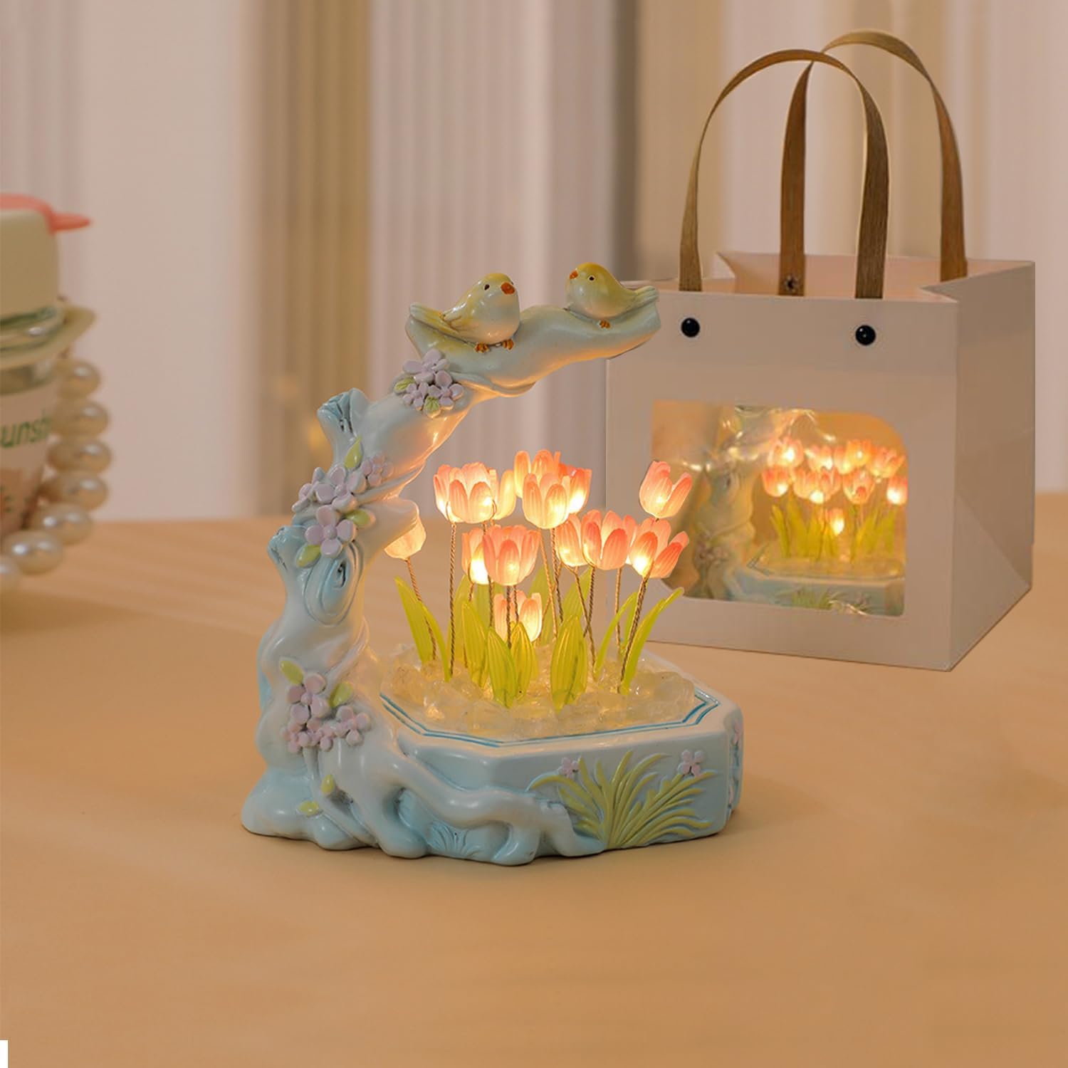 Lámpara de tulipán, lámpara de espejo de tulipán, luz nocturna de tulipán, hecha a mano, decoración de simulación de flores, dormitorio, lámpara de