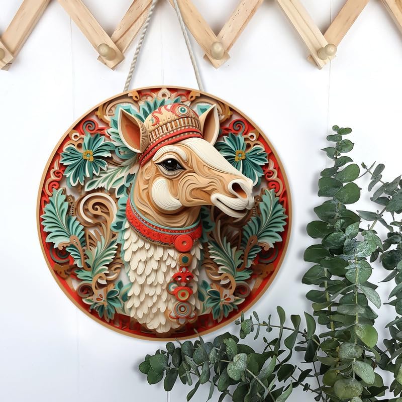 Camel With Christmas Hat Custom Wood Signs for Home Decor, Door Hanger Wood Sign, Hanging Sign Wall