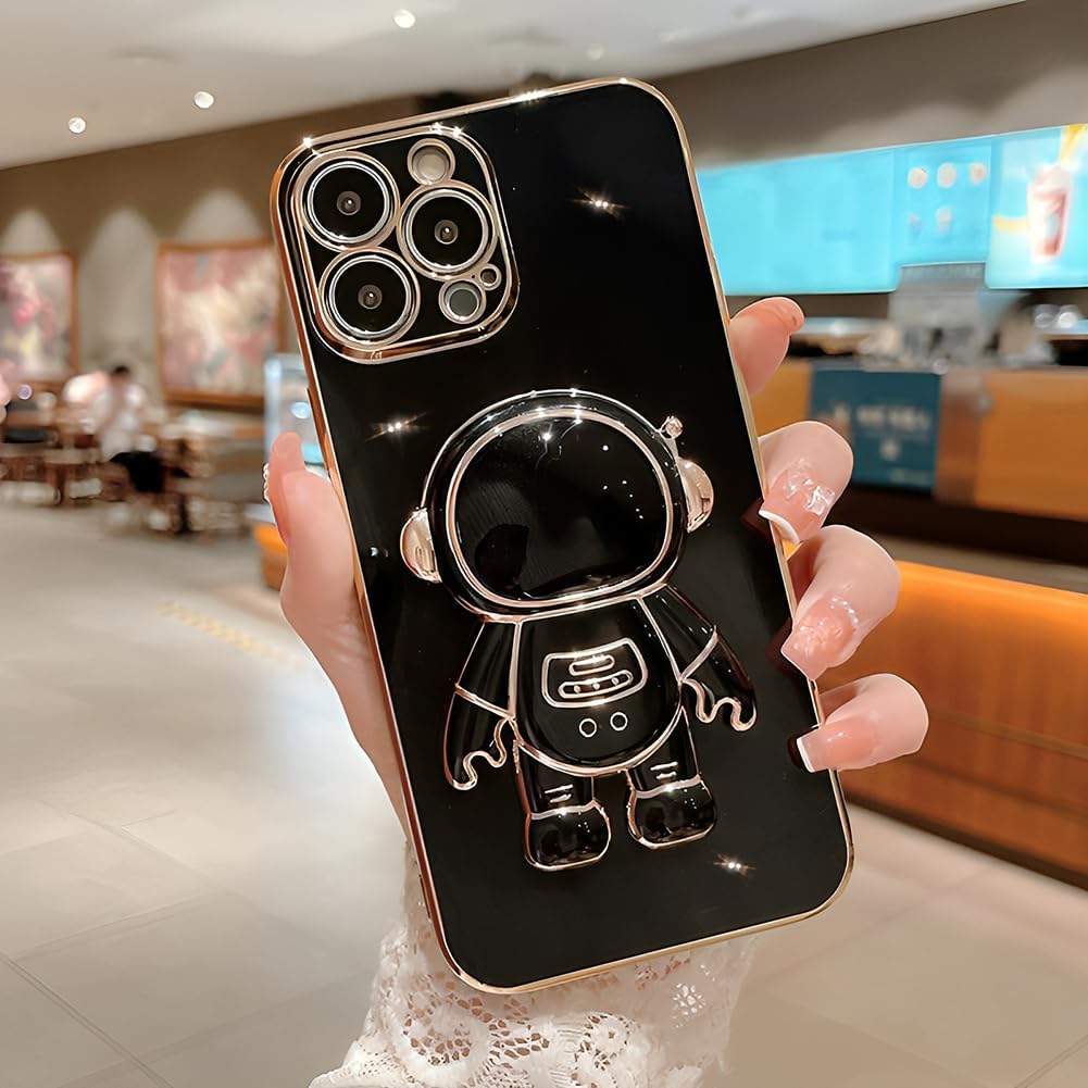AIGOMARA Funda compatible con iPhone 15 Pro Max, funda con soporte oculto de astronauta chapado en 6D, soporte plegable de astronauta, TPU suave, a