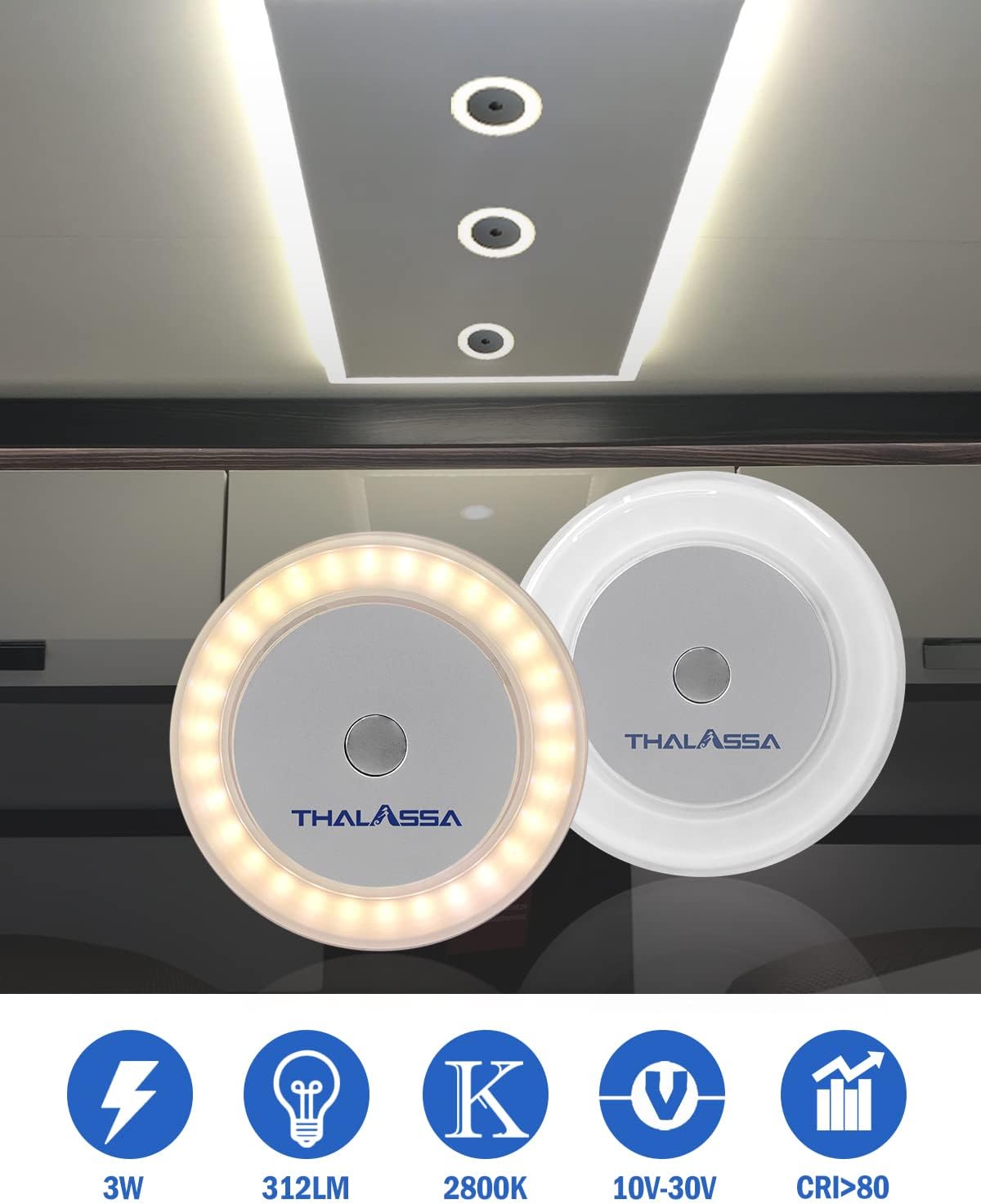 THALASSA Lámpara LED táctil de 12 V para caravana  Luz de techo para barco de 3 W, atenuador de 2800 K, luz marina de memoria suave y cálida, lente