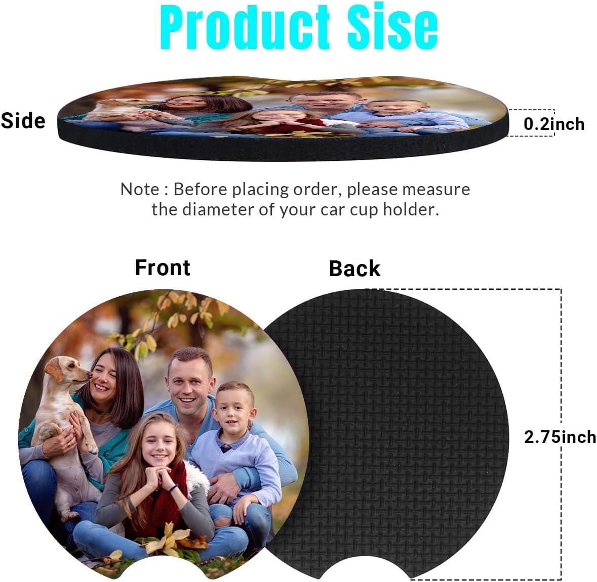 2 posavasos personalizados para automóvil, con foto personalizada, texto con imagen, accesorios para vehículos, posavasos de goma con muesca para