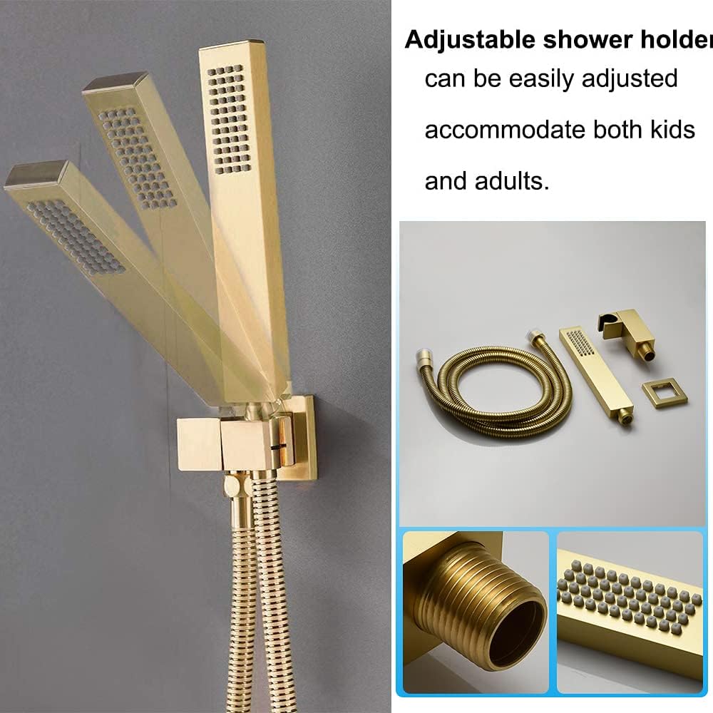AYIVG Sistema de ducha termostático de oro cepillado LED de 16 pulgadas de masaje de lluvia con 6 piezas de spray corporal de latón juego de grifo