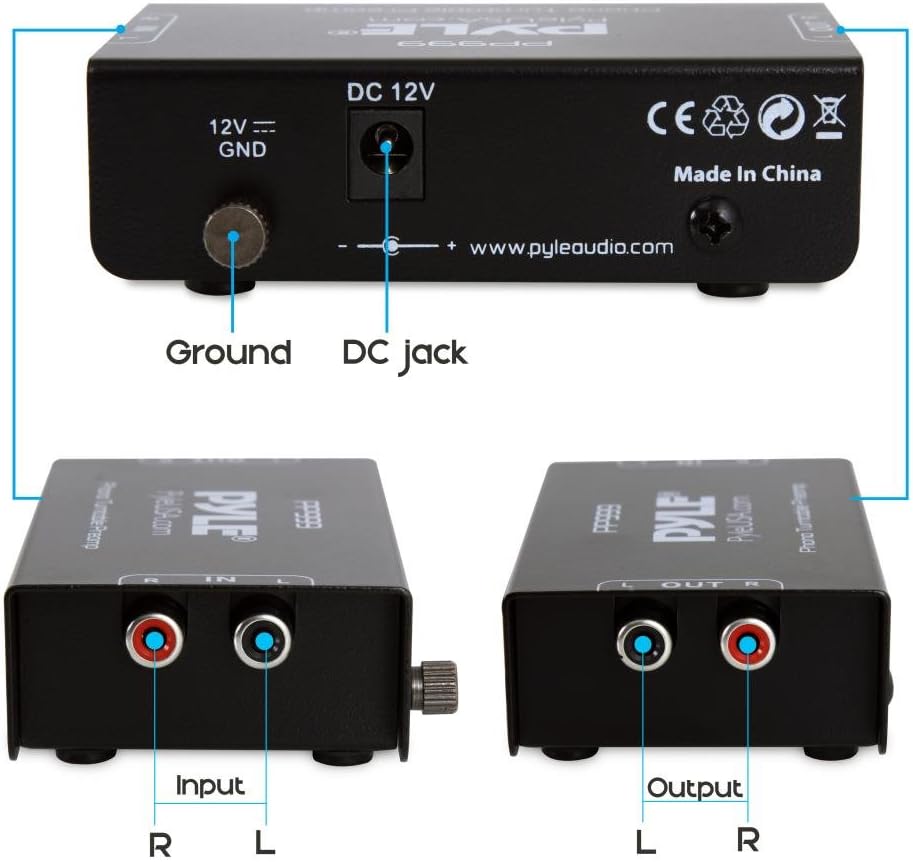 Pyle Phono Turntable Preamp – Mini preamplificador de fonógrafo estéreo de audio electrónico con entrada RCA, salida RCA y operación de bajo ruido,
