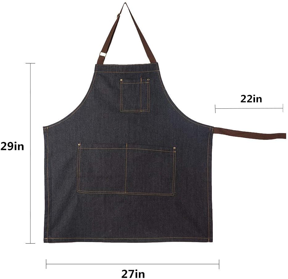 Delantal de mezclilla unisex ajustable con múltiples bolsillos para chef cocina, barbacoa y estudio