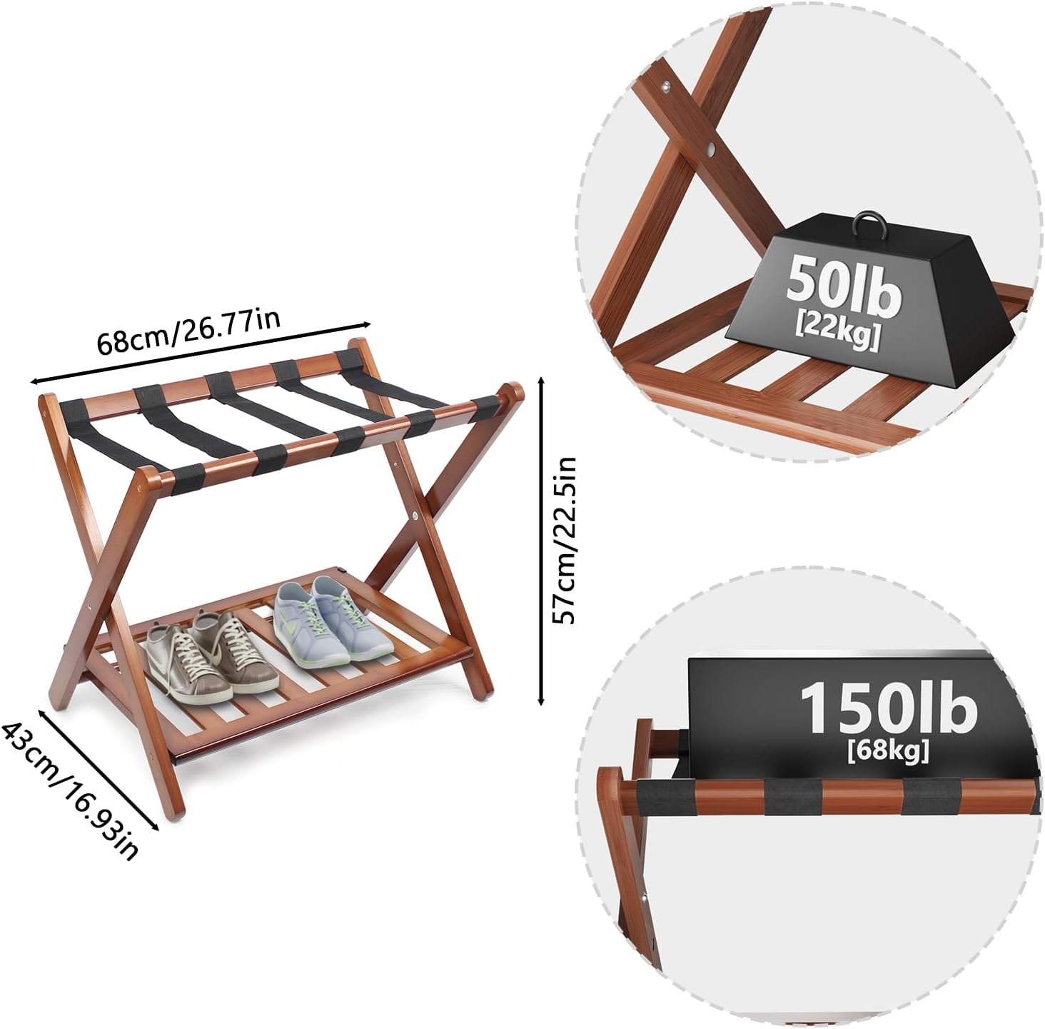 Portaequipajes de nogal totalmente montado, soporte de maleta plegable de bambú mejorado con 5 correas de nailon, soporte de equipaje con estante