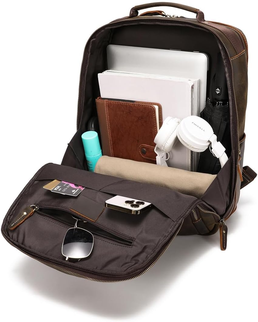 Mochila de cuero de grano completo de 16 pulgadas para computadora portátil para hombres, gran capacidad, negocios, senderismo, viajes, mochila