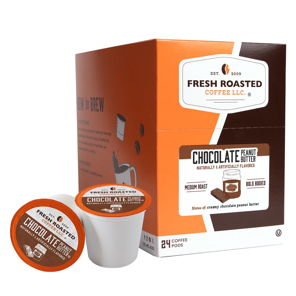 Fresh Roasted Coffee, Mantequilla de maní y chocolate, cápsulas de café saborizadas, compatibles con K-Cup, 24 unidades