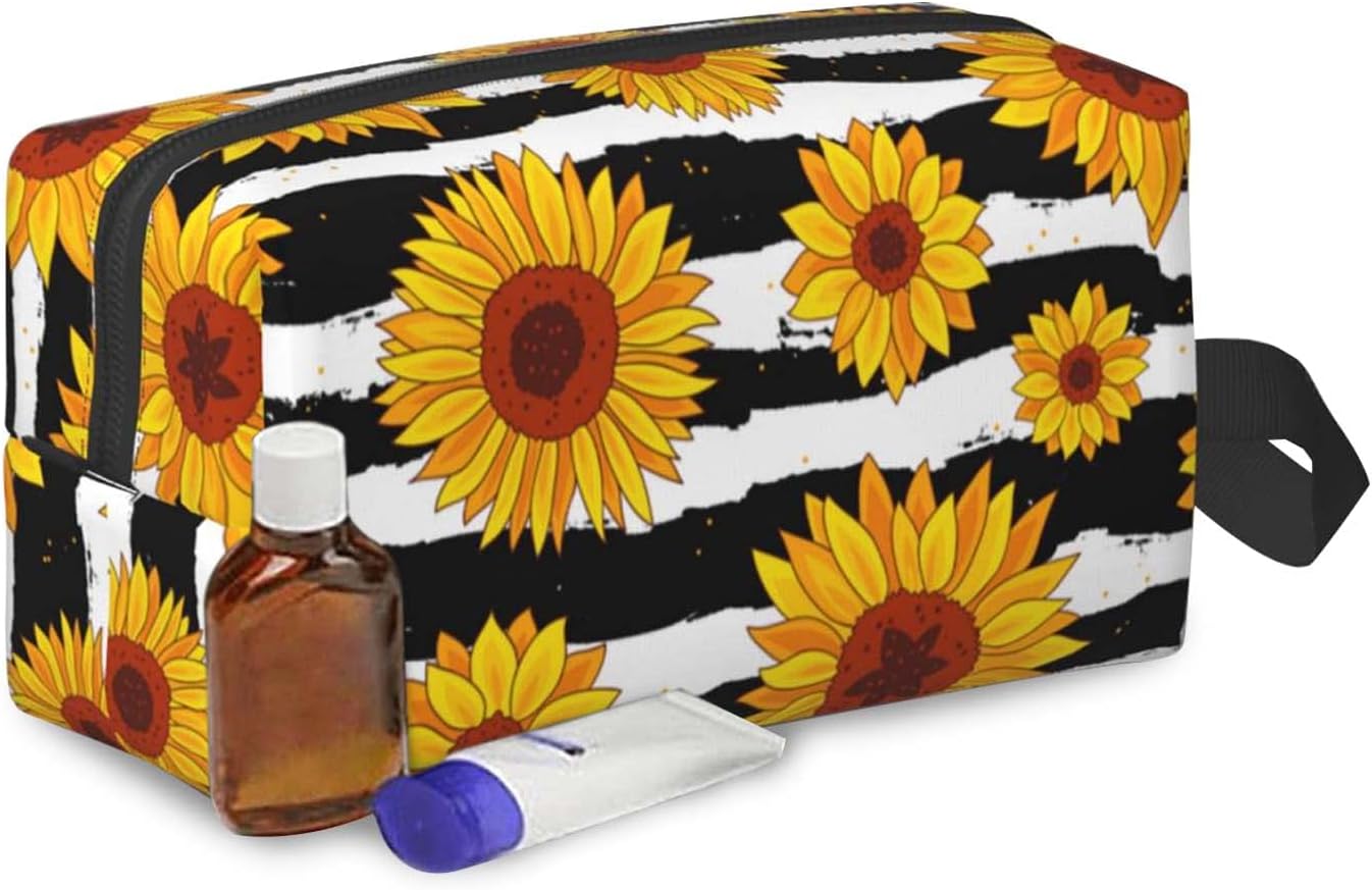 Neceser de viaje, bolsa de maquillaje grande, kit de afeitado portátil, bolsa de lavado para viajes, gimnasio, camping, Rayas de girasol blanco y