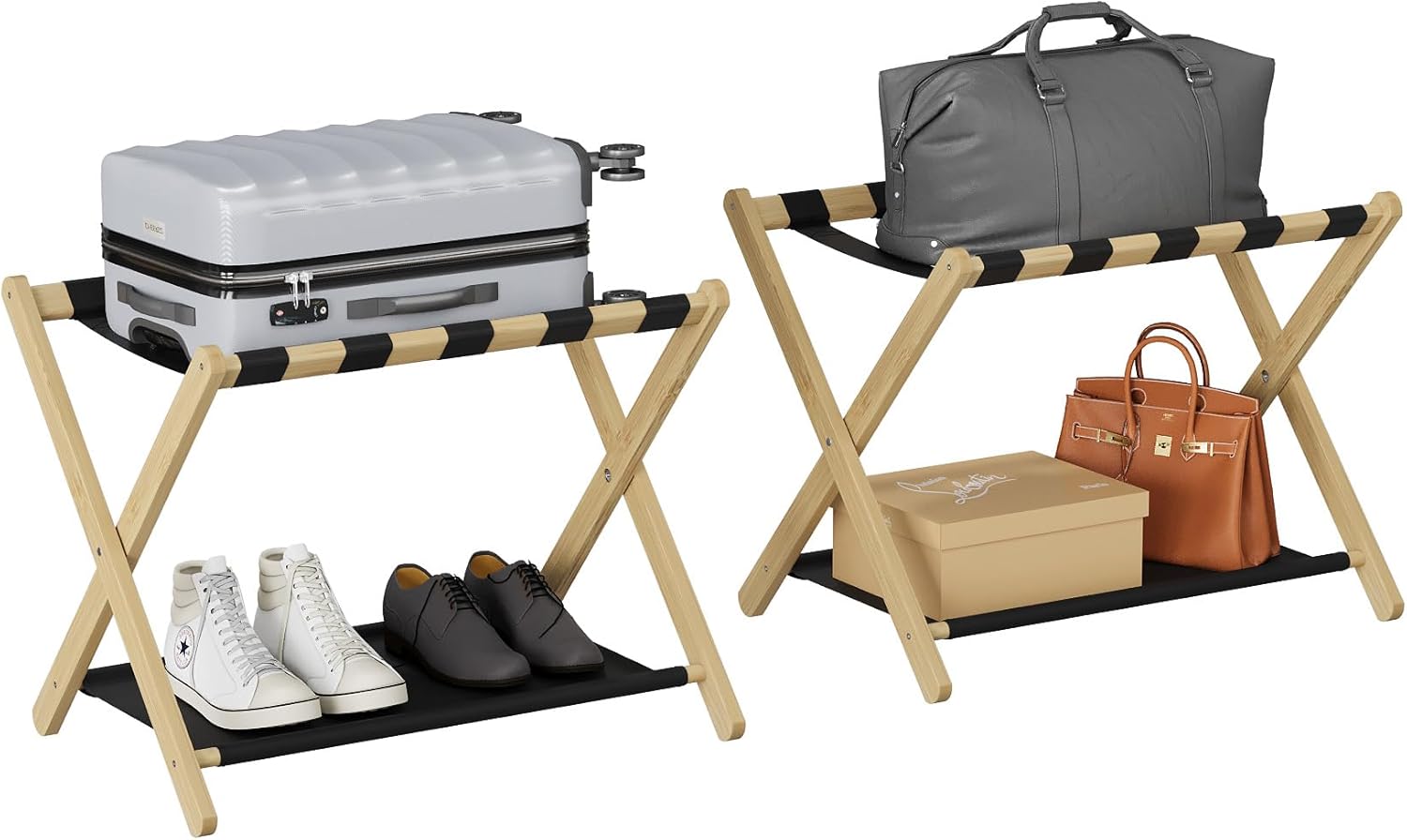 Paquete de 2 portaequipajes de bambú natural, soporte plegable para maleta con estante de almacenamiento, soporte de equipaje fácil de montar con 5