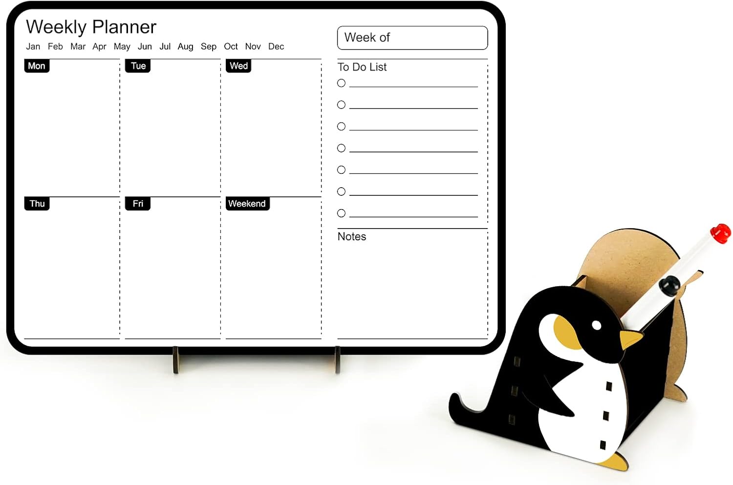 Pizarra blanca pequeña con soporte para bolígrafo de madera, 11.8 x 8.3 pulgadas, calendario semanal de doble cara para escritorio, pizarra