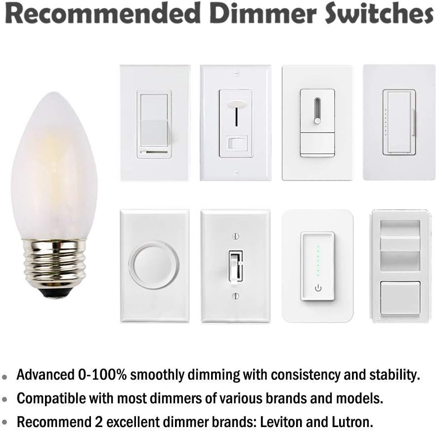 Bombilla LED C35 para candelabro, 2 W regulable, equivalente a incandescente de 25 W, luz blanca cálida de alto CRI, carcasa de vidrio esmerilado,