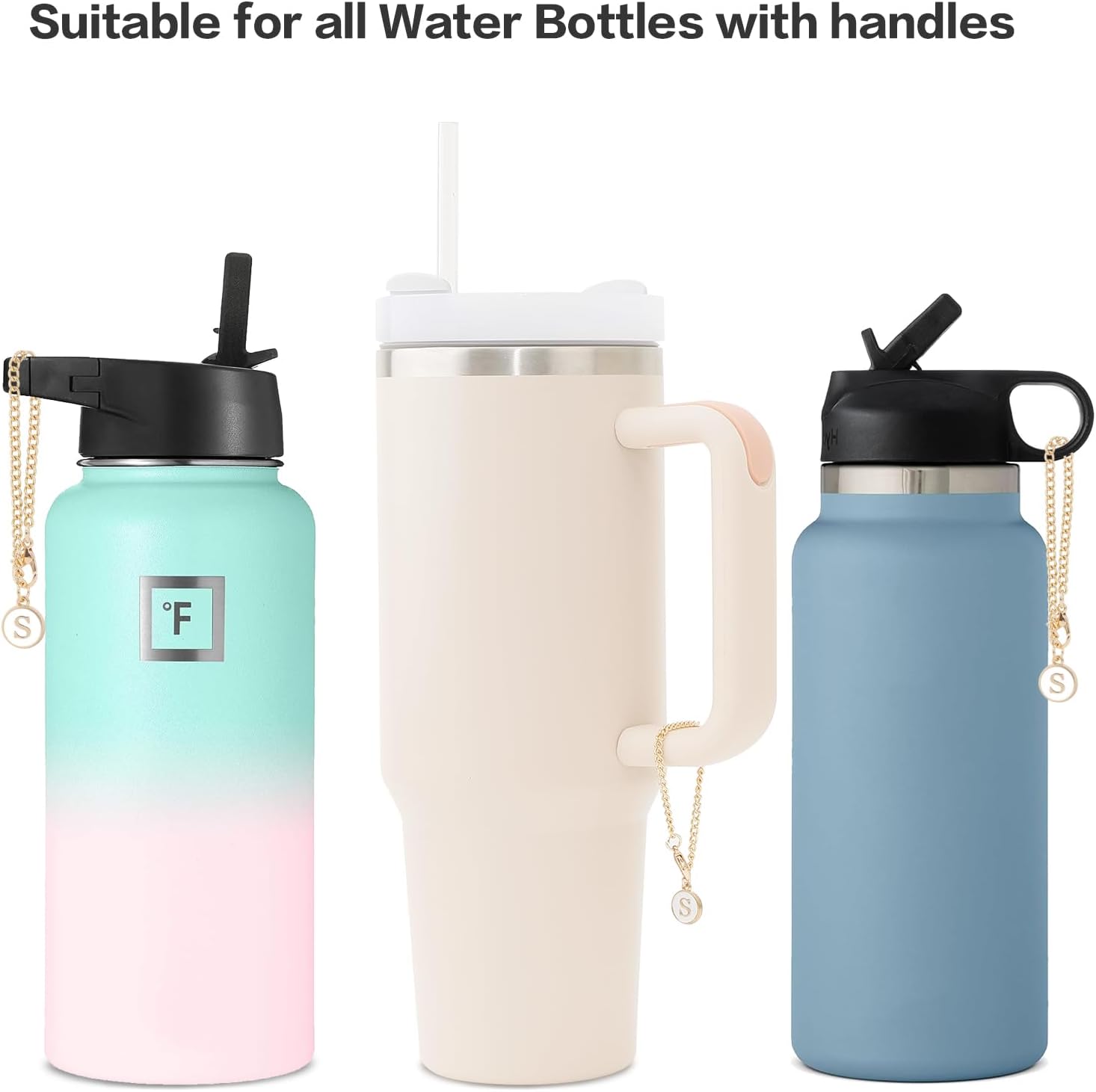 Yeti, accesorios de letras para taza Stanley, cadena con inicial dorada para botella de agua, con nombre y nombre para vaso, mango simple y moderno