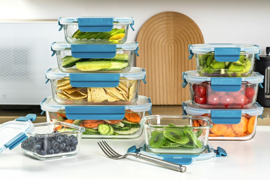 Recipientes de vidrio para almacenamiento de alimentos con tapas, recipientes de vidrio para preparación de comidas para almuerzo, despensa,