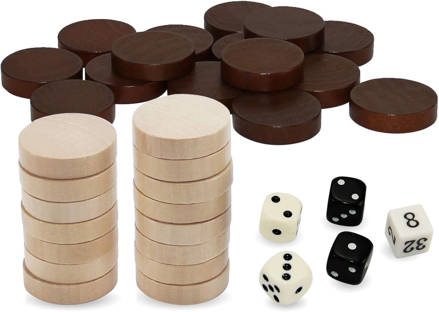 ASNEY Juego de piezas de backgammon de madera, piezas de madera maciza, juego de mesa de juego de mesa y 5 dados, incluye bolsa de almacenamiento