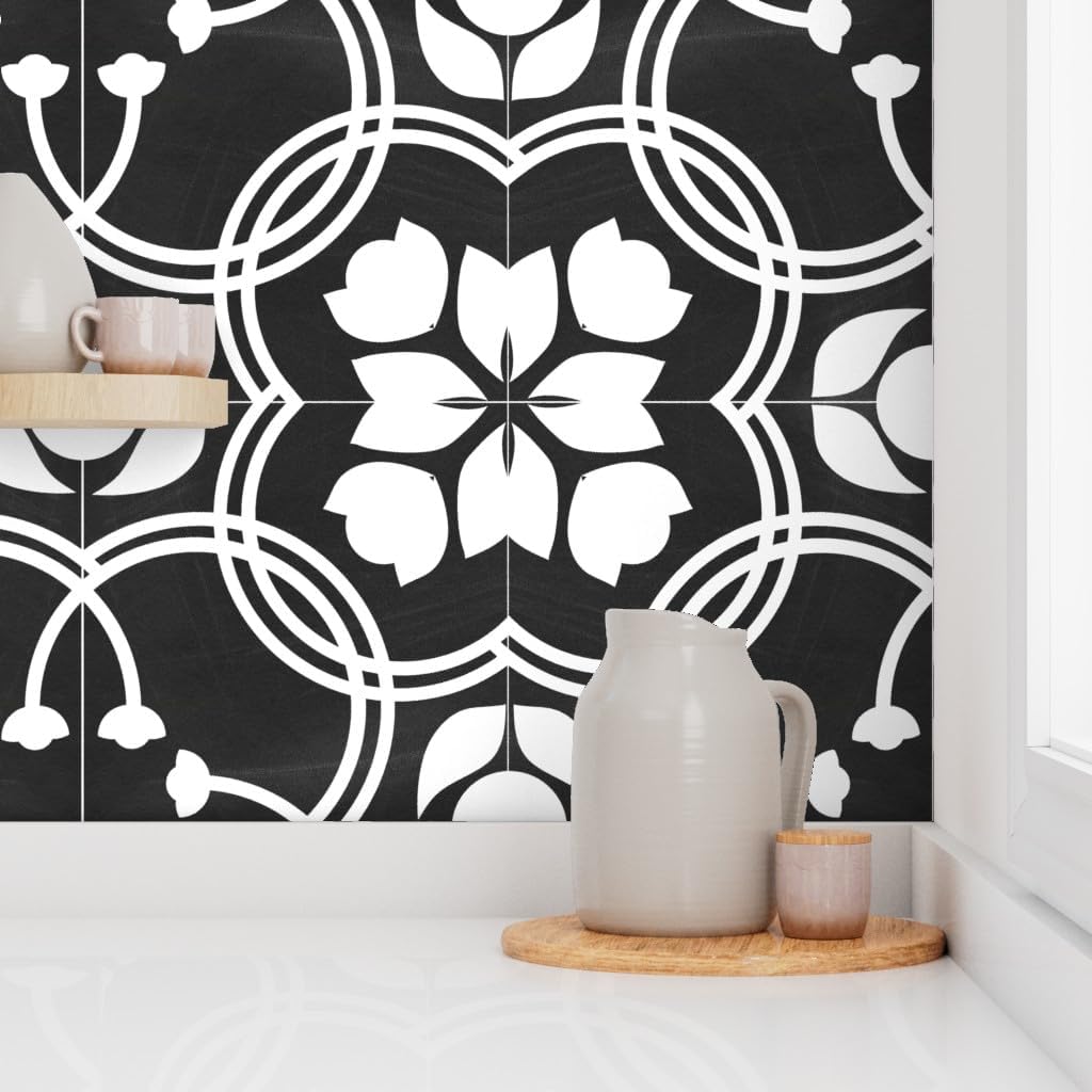 Spoonflower Muestras de papel tapiz para despegar y pegar, azulejos modernos de granja tradicionales, azulejos españoles tradicionales negros y