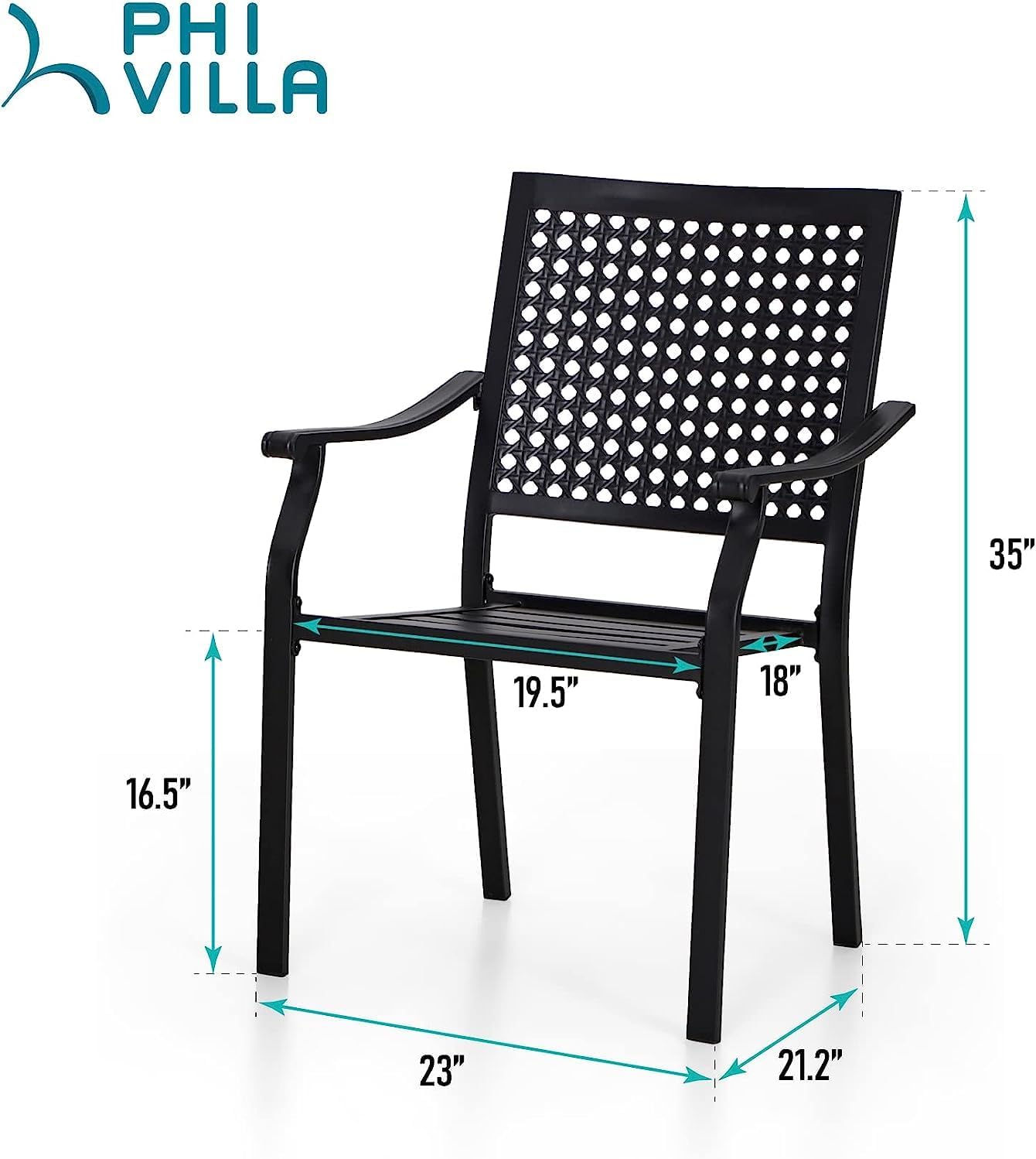 PHI VILLA Juego de 2 sillas de comedor resistentes de metal negro apilables para patio exterior, sillas de hierro forjado, juego de conversación,