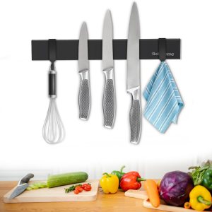 Soporte magnético para cuchillos para pared, tira magnética negra de 10 pulgadas para cuchillos sin taladrar con 2 ganchos, soporte magnético de Soporte magnético para cuchillos para pared, tira magnética negra de 10 pulgadas para cuchillos sin taladrar con 2 ganchos, soporte magnético de