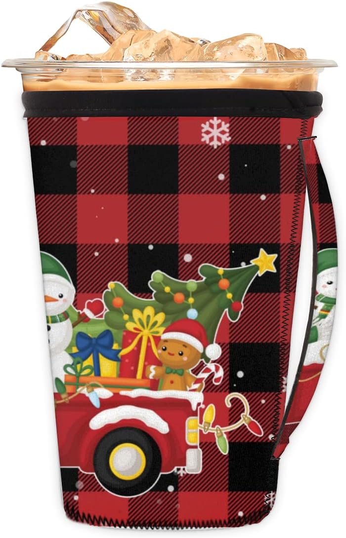 Funda de neopreno reutilizable con asa a cuadros de búfalo negro y rojo, funda de neopreno con aislamiento para bebidas frías, bebidas frías, 24