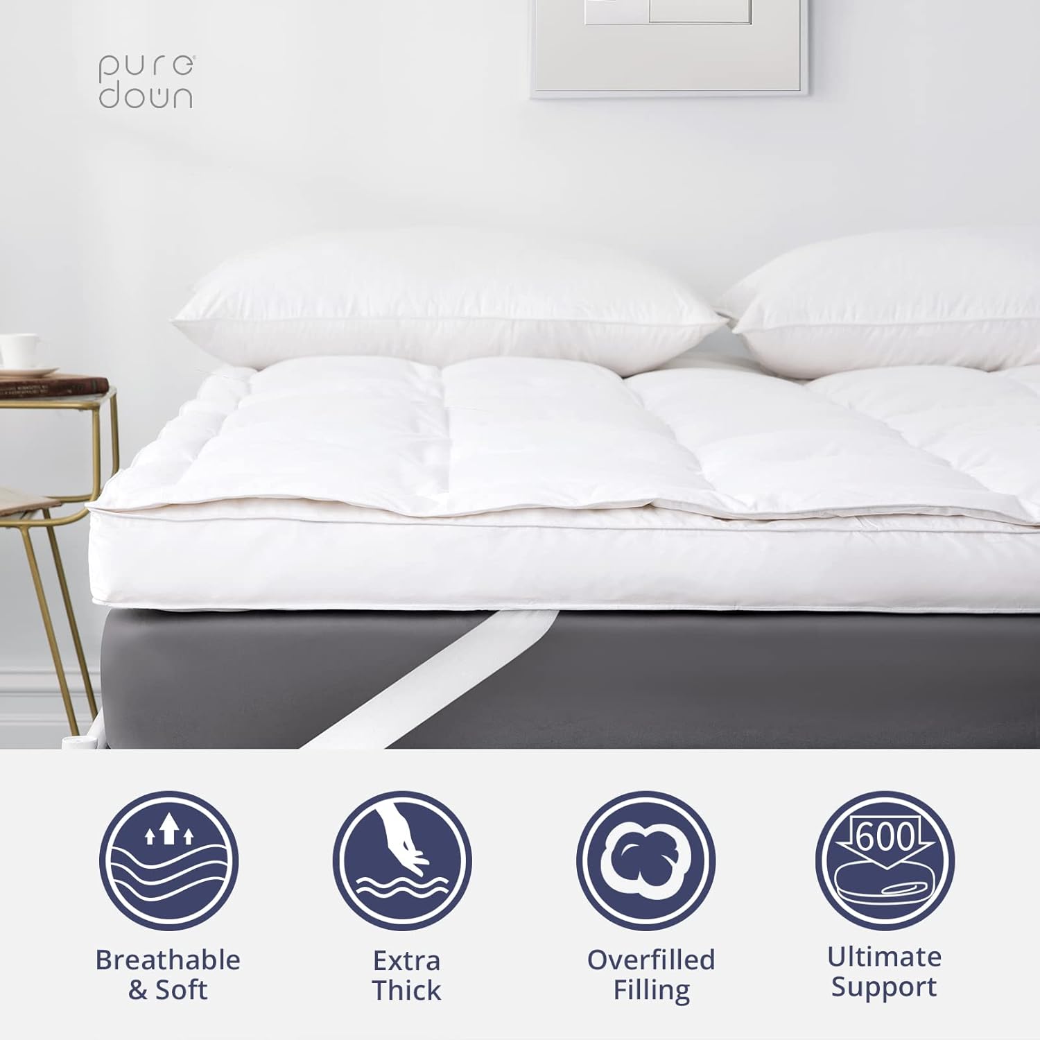 puredown Cubrecolchón de 3 pulgadas, tamaño matrimonial, relleno alternativo de plumas de ganso y plumón de doble capa, con tela 100% algodón extra