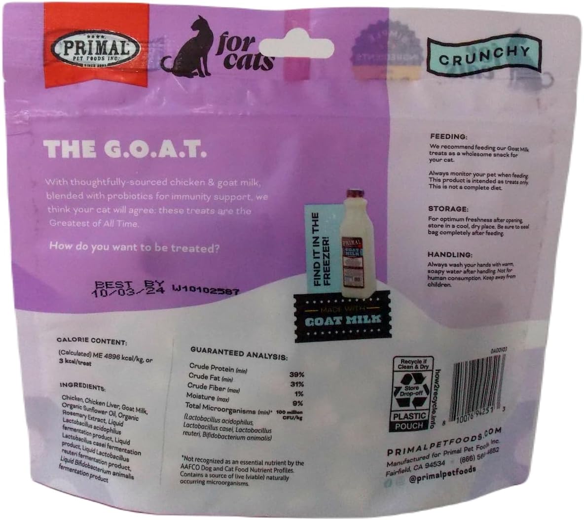 Primal Cat Treats 2 muestras de sabores, (1) cada uno cecina de pollo masticable, leche de cabra de pollo liofilizada (2-4 onzas) – Paquete de