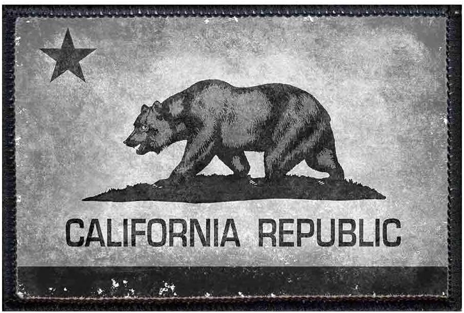 Pull Patch – Bandera del estado de California – B&W – Parche de moral envejecida  Fijación de velcro para sombreros, jeans, chalecos, abrigos, 2 x 3