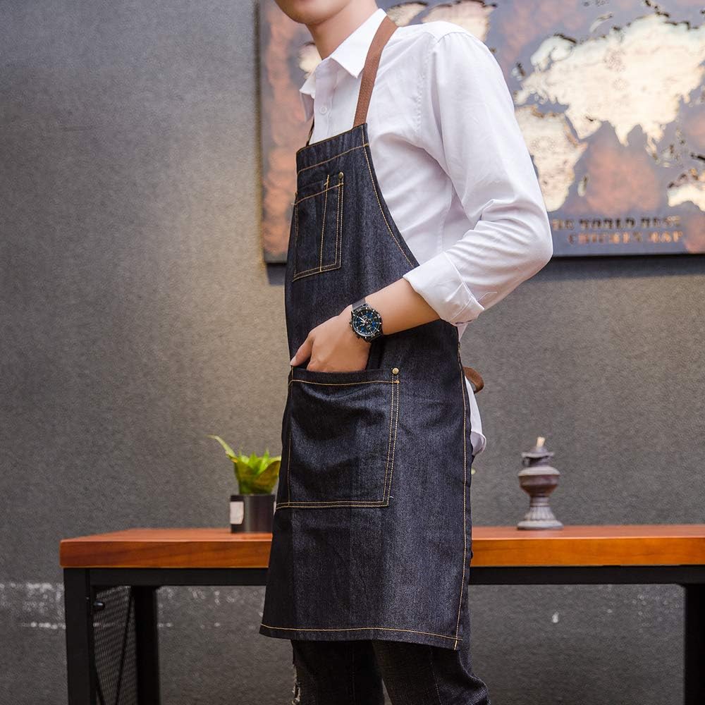 Delantal de mezclilla unisex ajustable con múltiples bolsillos para chef cocina, barbacoa y estudio