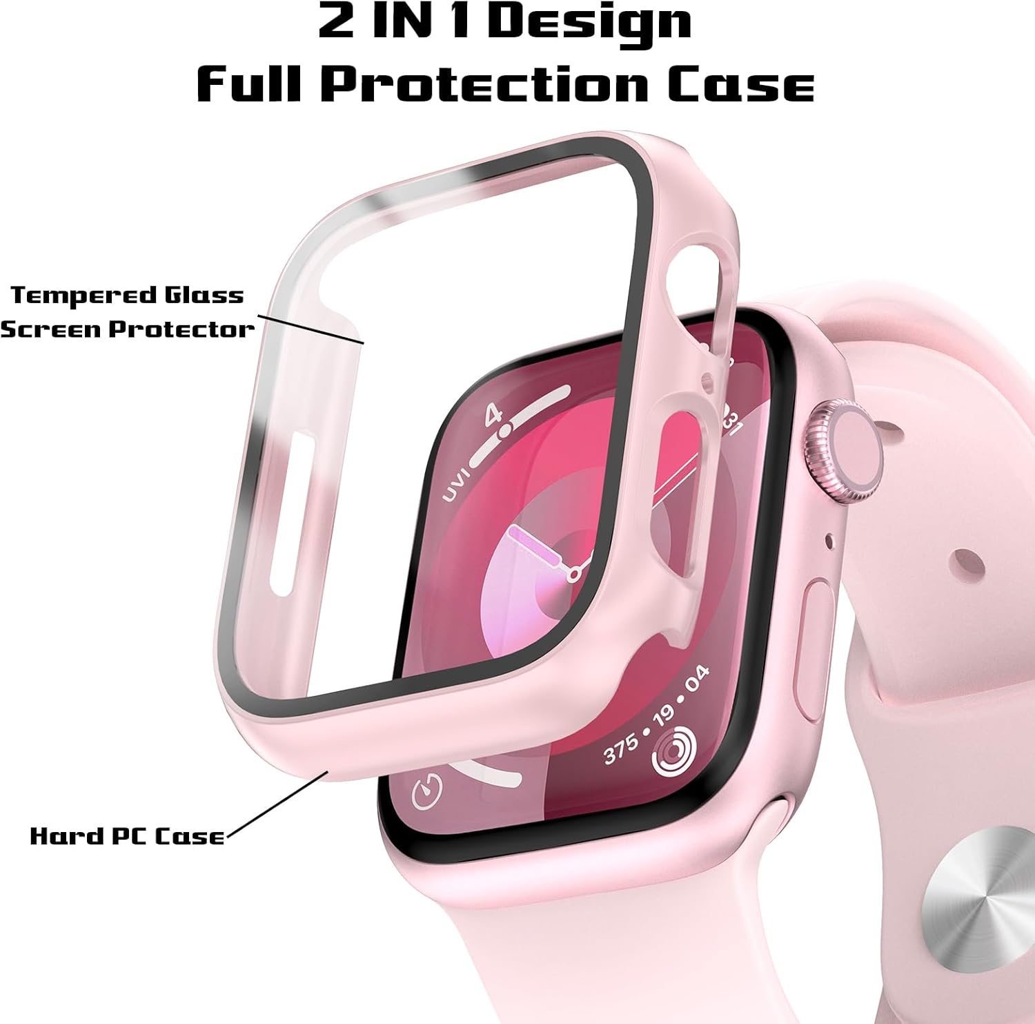 EWUONU – Juego de 2 fundas rígidas de policarbonato para Apple Watch Series 9 Series 87 de 1.772 pulgadas, protector de pantalla de vidrio templado,