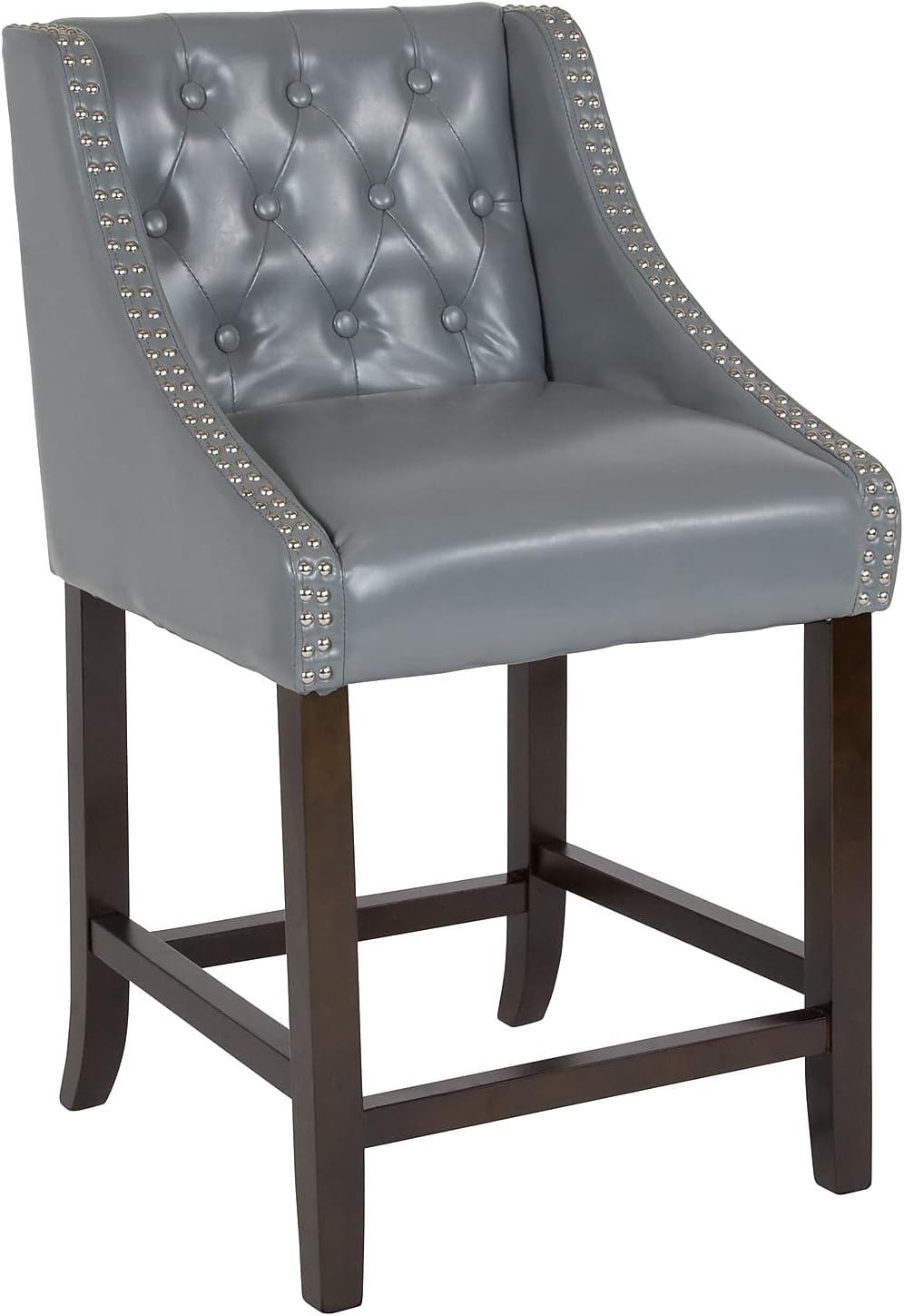 Flash Furniture Carmel Series – Taburete de transición de 24 pulgadas de altura de nogal copetudo con adornos de uñas en LeatherSoft gris claro