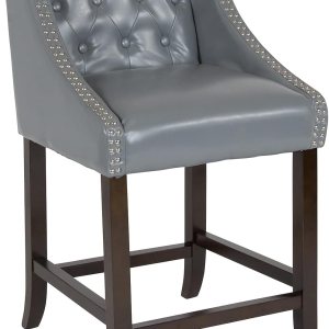 Flash Furniture Carmel Series – Taburete de transición de 24 pulgadas de altura de nogal copetudo con adornos de uñas en LeatherSoft gris claro Flash Furniture Carmel Series – Taburete de transición de 24 pulgadas de altura de nogal copetudo con adornos de uñas en LeatherSoft gris claro