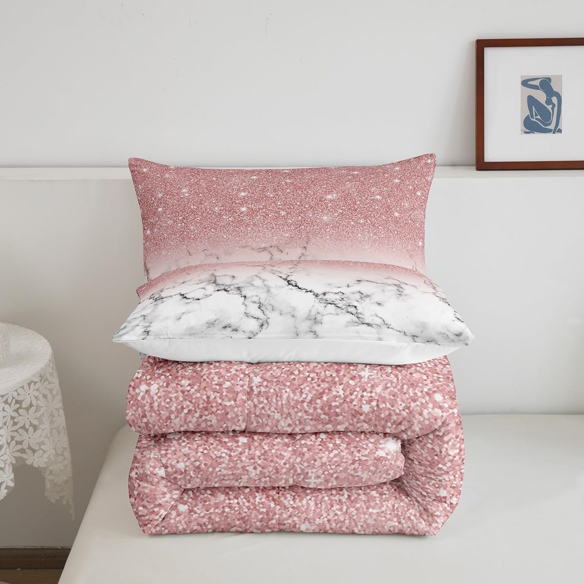 Feelyou Juego de edredón de mármol para niñas, tamaño individual, con purpurina degradada, para niños, niñas y mujeres, juego de ropa de cama con