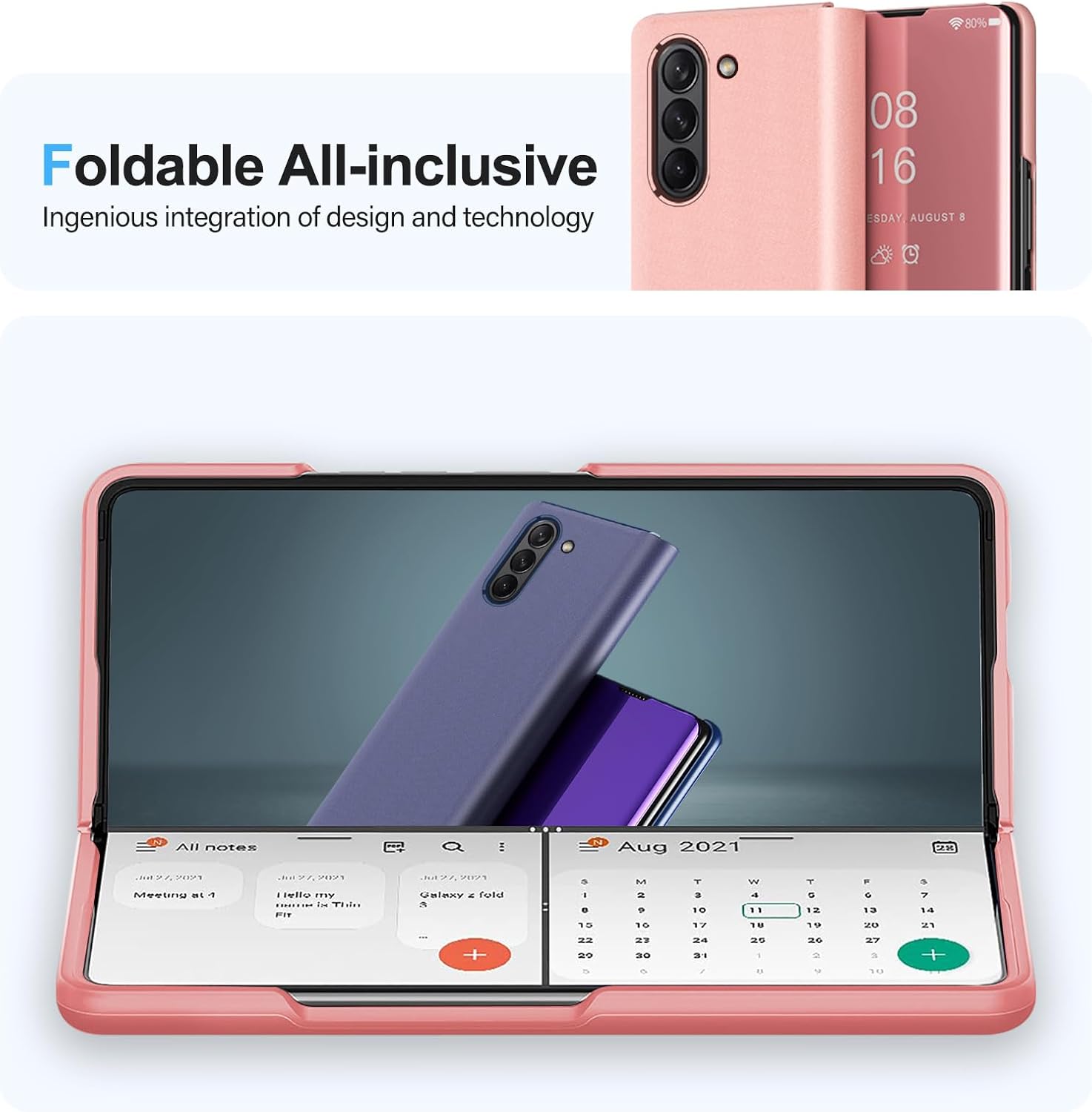 Funda compatible con Samsung Galaxy Z Fold 5 5G, con espejo, de piel, delgada, transparente, S-View, a prueba de golpes, con función atril,