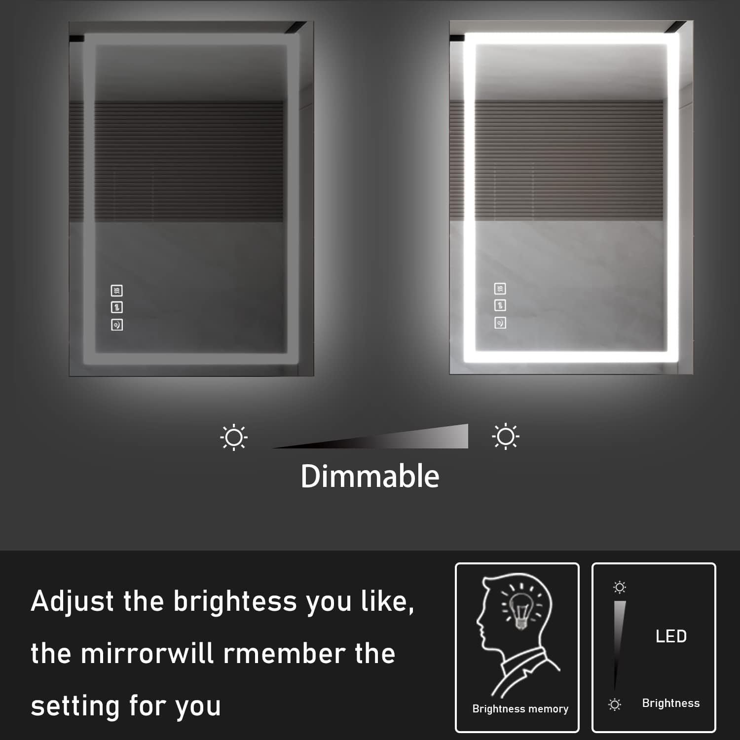 Espejo de baño LED de 40 x 24 pulgadas, espejo de tocador regulable, espejos de pared con 3 colores, antivaho, a prueba de roturas, memoria