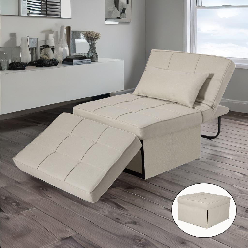Sofá cama plegable, otomana convertible multifunción 4 en 1, silla de sofá sin montaje con respaldo y almohada ajustables, color beige